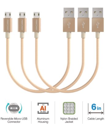 FosPower (3 Pack) Reversible Micro USB to USB 2.0 Cable (6 In) - [Nylon Braided Jacket | Aluminum Housing] High Speed Sync & Charge Data Cable - Gold