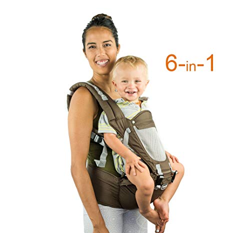 Front Back Baby Carrier with Hipseat - 6 Position 360° Ergonomic All Seasons Child Sling for Newborn,Infant & Toddler (Brown)
