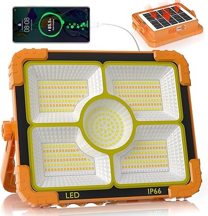 RISEMART Rechargeable Work Light, 466 LED Camping Light 100W Portable Floodlight with Solar Panel, 5 Modes IP66 Waterproof Outdoor Working Light for Fishing, Hiking, Repairing