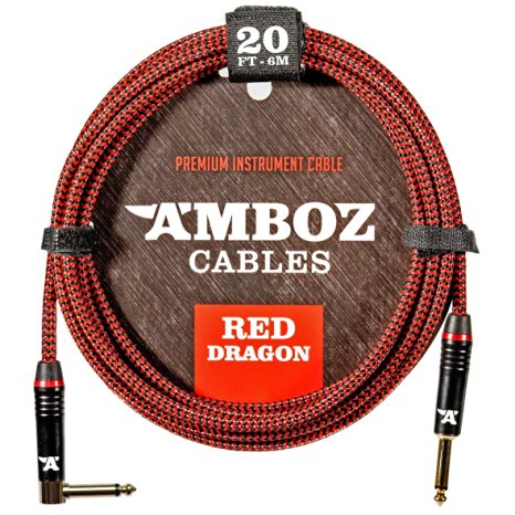 Red Dragon Guitar Cable - Sturdy & Ultra Flexible Instrument Cable For Electric & Bass Guitar Players - Super Noiseless, Used By Amateurs & Pros Alike - 20 FT / straight - rect. / Get Ready To Rock!