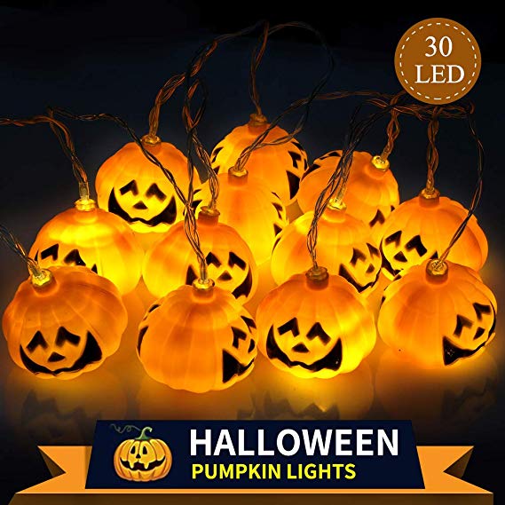 Tcamp Halloween Pumpkin String Lights, 19.4ft 30LEDs Jack-O-Lantern Battery Operated Halloween Decorations Decor Outdoor Indoor for Bedroom Party (Warm White)