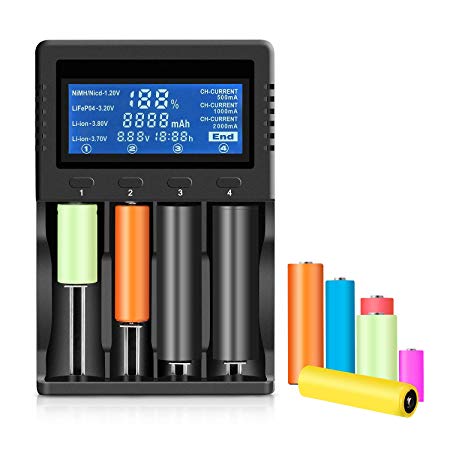 Universal Battery Charger with Car Adaptor, LED Display Li-ion Rechargeable Battery Charger for Li-ion/IMR/LiFePO4/ 26650 20700 18650 18490 17700 17500 16340(RCR123) 14500 10440