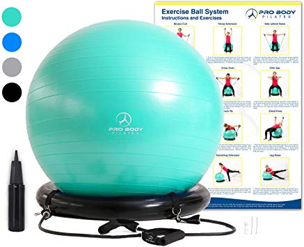 Exercise Ball Chair System - Yoga and Pilates 65 cm Ball with Stability Base and Workout Resistance Bands for Gym, Home, or Office