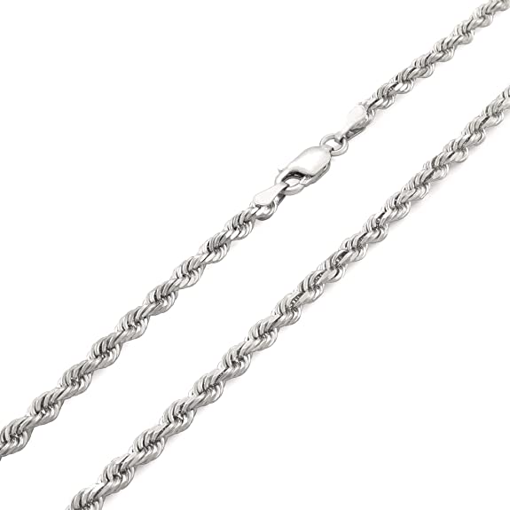 Nuragold 14k White Gold 3mm Solid Rope Chain Diamond Cut Pendant Necklace, Mens Jewelry Lobster Clasp 16" 18" 20" 22" 24" 26" 28" 30"