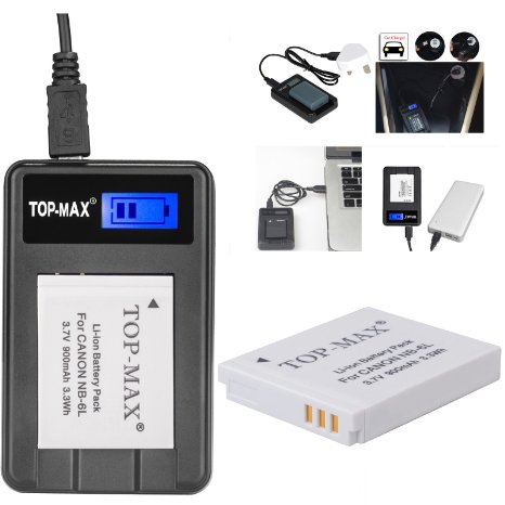 TOP-MAX® NB-6L NB-6LH Battery   Rapid USB Charger (Home & Travel Use) for Canon SX710 HS,SX700S,SX610 HS,SX520 HS,SX700 HS,SX600 HS,D30,SX500 IS - Includes: 1x Battery and 1x USB Charger with LED Display