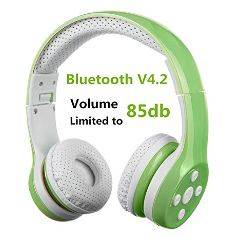 Kids Bluetooth Headphone, Hisonic wireless headphones over-Ear headsets with music share port and Built-in Microphone for calling (green)