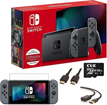 Newest Nintendo Switch with Gray Joy-Con - 6.2" Touchscreen LCD Display, 802.11AC WiFi, Bluetooth 4.1 - Family Christmas Holiday Bundle w/CUE Accessories