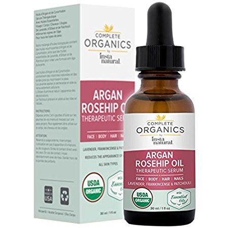 Argan Rosehip Oil Therapeutic Serum - Moisturizing Facial & Body Care - Lavender, Frankincense & Patchouli Essential Oils - Reduces Lines & Relieves Dryness - Complete Organics by InstaNatural - 1 OZ