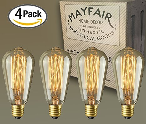 Edison Bulb 40W 4 Pack ST64 Antique Retro Vintage Squirrel Cage Filament Dimmable Warm Light Teardrop Style Replacement Bulbs - Pendant Lighting Chandeliers Lamps String Lights Incandescent 400 Lumens