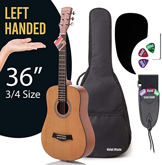 LEFT Handed 3/4 Size (36 Inch) Acoustic Guitar Bundle Junior Series by Hola! Music with D'Addario EXP16 Steel Strings, Padded Gig Bag, Guitar Strap and Picks, Model HG-36LFT, Natural Satin Finish
