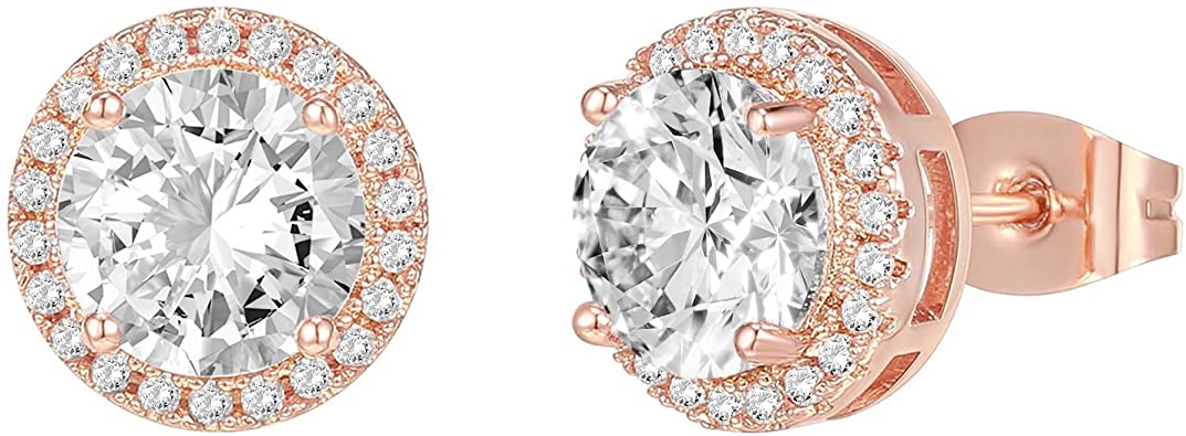 PAVOI 14K Gold Plated Sterling Silver Post Brilliant Round Faux Diamond Halo Earrings - Premium Cubic Zirconia in Rose Gold, White Gold and Yellow Gold