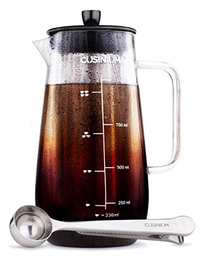 CUSINIUM Cold Brew Coffee Maker – Superior to Cold Drip Coffee Maker or a Iced Coffee Maker – 1000 ml Glass Coffee Carafe – Includes Scoop & Clip Spoon – More Flavourful & Less Acidic Coffee