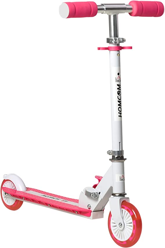 HOMCOM Patinete para Niños  3 Años Plegable Patinete Scooter con 2 Ruedas LED Manillar Altura Ajustable y Freno Posterior Carga 50 kg 61x32,3x67-77 cm Rosa y Blanco