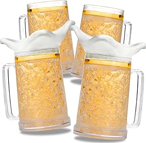 Fasmov Freezer Beer Mugs, 4 Pack Clear Double Wall Gel Frosty Freezer Ice Mugs, Freezer Mugs With Gel Beer Mugs For Freezer, Plastic Beer Mugs With Handles for Parties and Gifts, 16oz