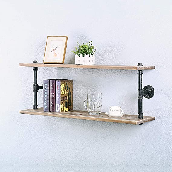 Industrial Pipe Shelf Wall Mounted,Steampunk Real Wood Book Shelves,2 Tier Rustic Metal Floating Shelves,Wall Shelving Unit Bookshelf Hanging Wall Shelves,Farmhouse Kitchen Bar Shelving(36in)