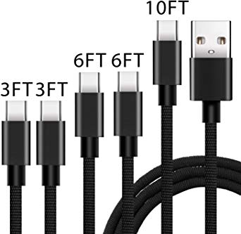 USB Type C Cable, KEXIN Type C to USB Cable 5 Pack (3FT 3FT 6FT 6FT 10FT) Nylon Braided Android Cables Fast Charger Cord for Andriod Samsung Galaxy S8, New MacBook, ChromeBook Pixel and More