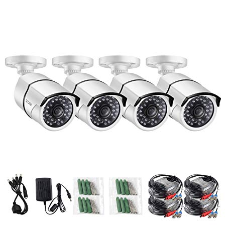 ZOSI 4 Pack HD-TVI 1280TVL(720P) Weatherproof Security Bullet Cameras Kit,Night Vision Up to 100FT(30M)