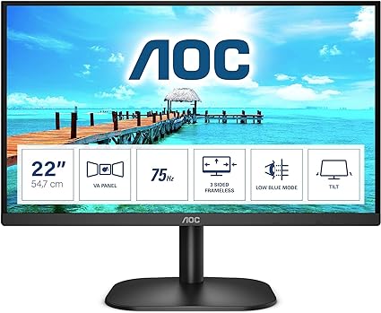 AOC 22B2H - 22 inch FHD Monitor, 75Hz, VA, 7ms Frameless design, Tilt, lowBlue Mode, Flicker Free (1920 x 1080 @ 75Hz, HDMI/VGA)