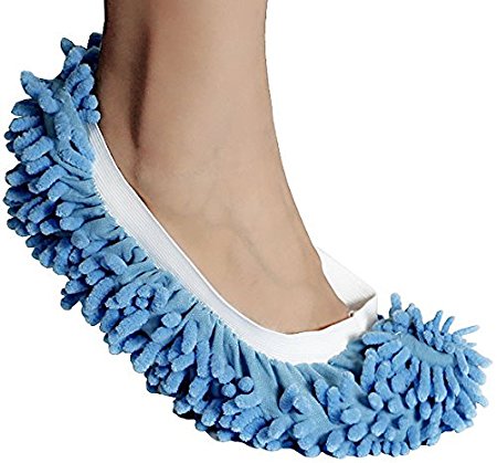 GPCT Unisex Multifunctional [Microfiber] Chenille [Washable] Mop Shoe Cover/Slippers. Perfect for Cleaning Dust, Dirt, & Pet Hair! [2 Pieces]- Blue