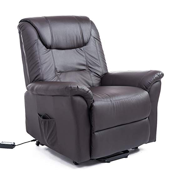 HOMCOM Leathered Electric Lift Chair Power Recliner Assist Remote Control (Brown)