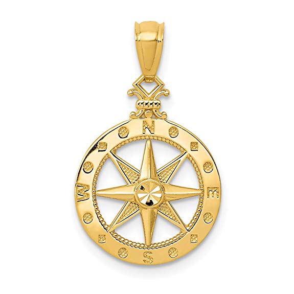 14k Yellow Gold Polished Nautical Compass with Accents Pendant 21x15mm
