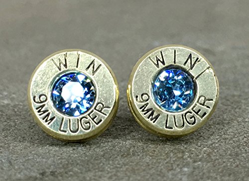 Bullet Earrings 9MM Bullet Jewelry Jewelry Shell Casings Steel Post Swarovski Aquamarine Primer Inset Stones