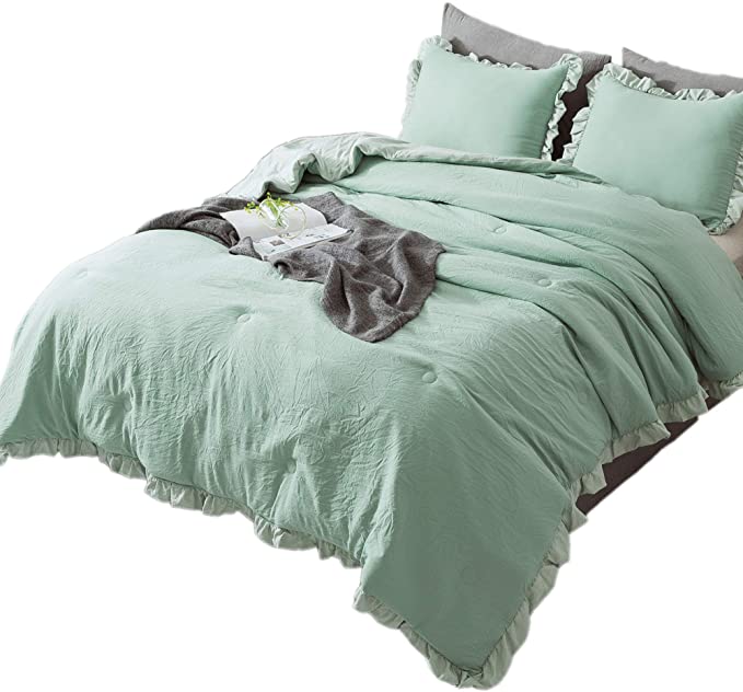 KASENTEX Quilted Comforter Set with Stylish Ruffled Edge Trim Nostalgic Design Microfiber Soft Warm Bedding with Shams (Green, King   2 King Shams)