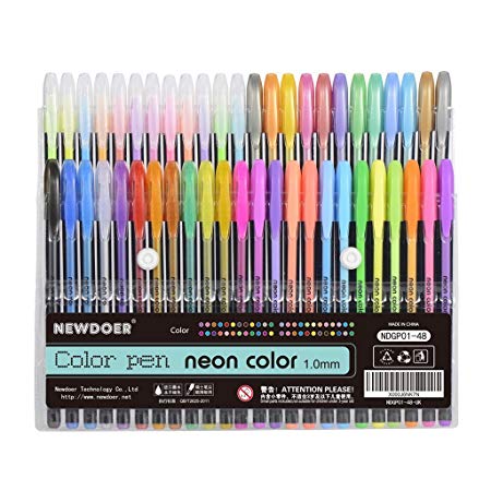 Newdoer 48 Packs Color Gel Ink Pens,The Best Gel Pens Set for Adult Colouring Books,Draw,and Write,with 1.0mm Tip Range (12 Metallic   12 Glitter   12 Neon   12 WaterChalk)