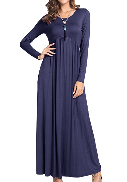 Levaca Women's Long Sleeve Pockets Pleated Loose Swing Casual Maxi Dress