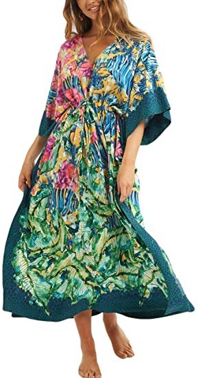 Bsubseach Women's Print Turkish Kaftan Beachwear Bikini Cover Up Maxi Dress