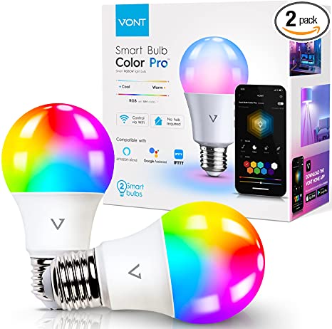 Smart Light Bulbs [2 Pack], WiFi & Bluetooth 5.0, Compatible w/ Alexa & Google Without Hub, Dimmable, Music Sync, Schedules, Color Changing Bulb RGBCW Smart Bulb Lights LED Bulb, A19/E26 9W 810LM