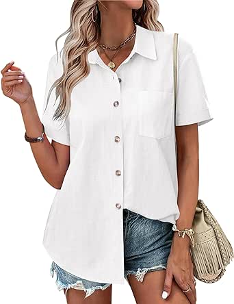 Zeagoo Womens Button Down Shirts Color Block Short Sleeve Cotton Linen Summer Causal Blouses Tops