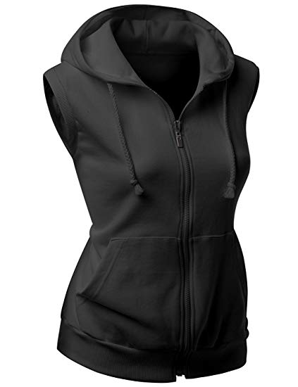 Xpril Women's Basic Solid Cotton Based Zipper Vest Hoodie