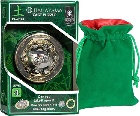 Deluxe Games and Puzzles Planet Hanayama Puzzle, New 2022, Level 4, with Green Velvet, Red Satin Drawstring Pouch, Bundled Items.