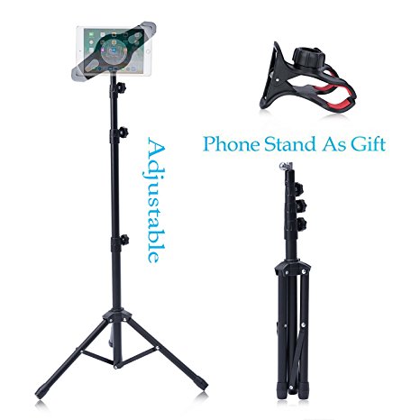 T-Sign Reinforced IPad Tripod Stand Mount - Foldable Floor Tablet Holder, Height Adjustable 360 Rotating Stand for iPad Mini/Air and More 7" to 14" Tablets, Carrying Case and Phone Holder As Gifts