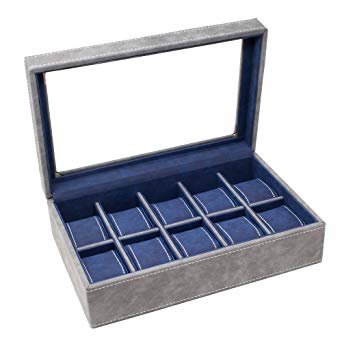 Caddy Bay Collection Watch Box with Glass Top Holds 10 Watches, High Clearance, Modern White Stitching, Soft Touch Exterior/Interior, Grey/Blue Color