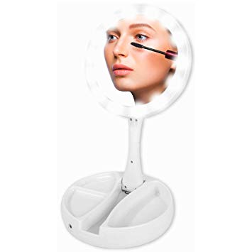 Lighted Travel Makeup Mirror with Magnification as LED Compact Foldable Mirror - Best Foldaway Vanity Mirror USB or 4 AA Battery Power