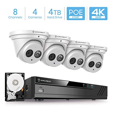 Amcrest 4K Security Camera System w/ 4K 8CH PoE NVR, (4) x 4K (8-Megapixel) IP67 Weatherproof Metal Turret Dome POE IP Cameras (3840x2160), Pre-Installed 4TB HDD, NV4108E-IP8M-T2499EW4-4TB (White)