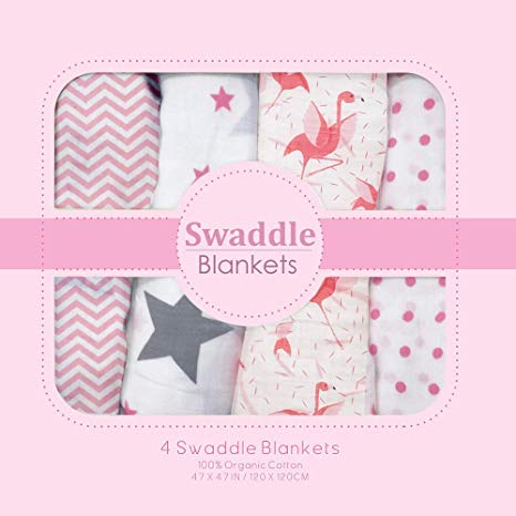 Muslin Swaddle Blankets - Soft Silky 100% Muslin Cotton Swaddle Blanket for Baby, Large 47 x 47 inches, Set of 4- Zig Zag, Polka, Star & Flemingo Print in Pink Pattern