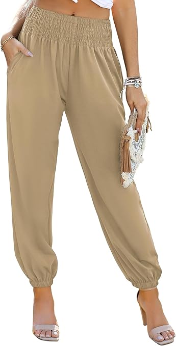 Dokotoo Womens Wide Leg High Waist Carrot Pants Casual Loose Slant Pocket Ruched Flowy Yoga Joggers