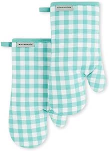 KitchenAid Gingham Oven Mitt 2-Pack Set, Aqua Sky, 7"x13"