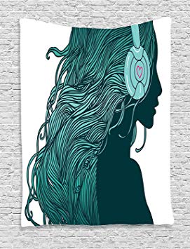 Ambesonne Music Decor Collection, DJ Girl Profile with Long Hair in Headphones Nightclub Silhouettes Party Picture, Bedroom Living Room Dorm Wall Hanging Tapestry, Teal White