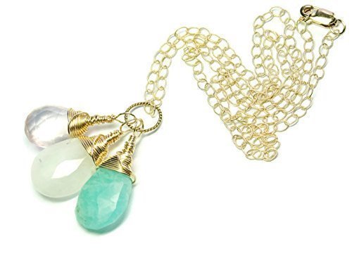 Layla 14K Gold Filled Gemstone Fertility and Pregnancy Necklace. Featuring Natural Faceted Pear Shape Briolette Gemstones Rose Quartz, Moonstone, Amazonite.
