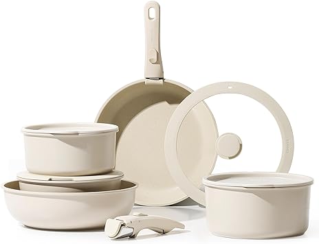 CAROTE 11pcs Pots and Pans Set, Nonstick Cookware Set Detachable Handle, Induction Kitchen Cookware Sets Non Stick with Removable Handle, RV Cookware Set, Oven Safe, Greige Beige