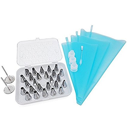 FunWhale 33 Piece Piping Tips Stainless Steel Cake Decorating Tips Set, Icing Tips Set DIY Baking Tools with 3 Reusable Coupler, 3 Silicone Pastry Bag, 2 Flower Nail, Brush and Hinged Storage Box