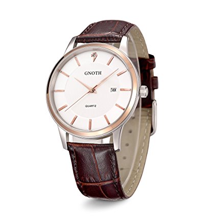GNOTH Rose Gold Case Leather Strap Quartz Watch with Date Calendar for Men