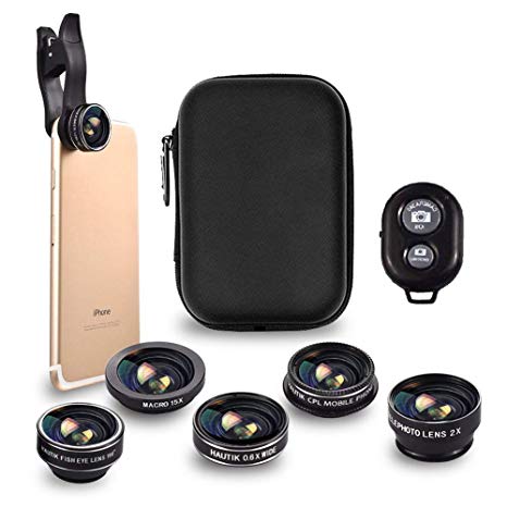 Phone Camera Lens, 5 in 1 Phone Lens Kit, 0.6x Wide Angle Lens & Macro Lens, 2x Telephoto Lens   198° Fisheye Lens   CPL Lens, Clip-On Lenses with Remote Shutter for iPhone x 8 7 6 6s plus, Samsung Smartphone