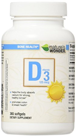 Nature's Wonder Vitamin D3 125mcg (5000IU) Soft Gels, 365 Count