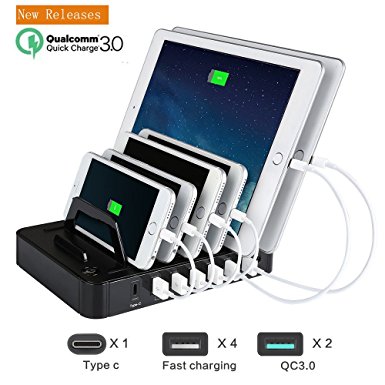 Charging Station, LIKEA 65W QC3.0 Docking Station 7-Port USB Charger Organizer with Type C for Multiple Devices,iPhone,Android phone,Tablets,ipad,Desktop,New Macbook,iWatch & More