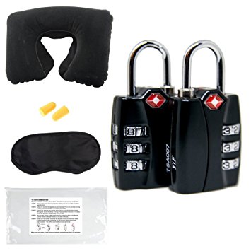 TSA Approved Luggage Locks (2 Pack Black) Heavy Duty with Open Alert Indicator and Includes Travel Accessories Kit